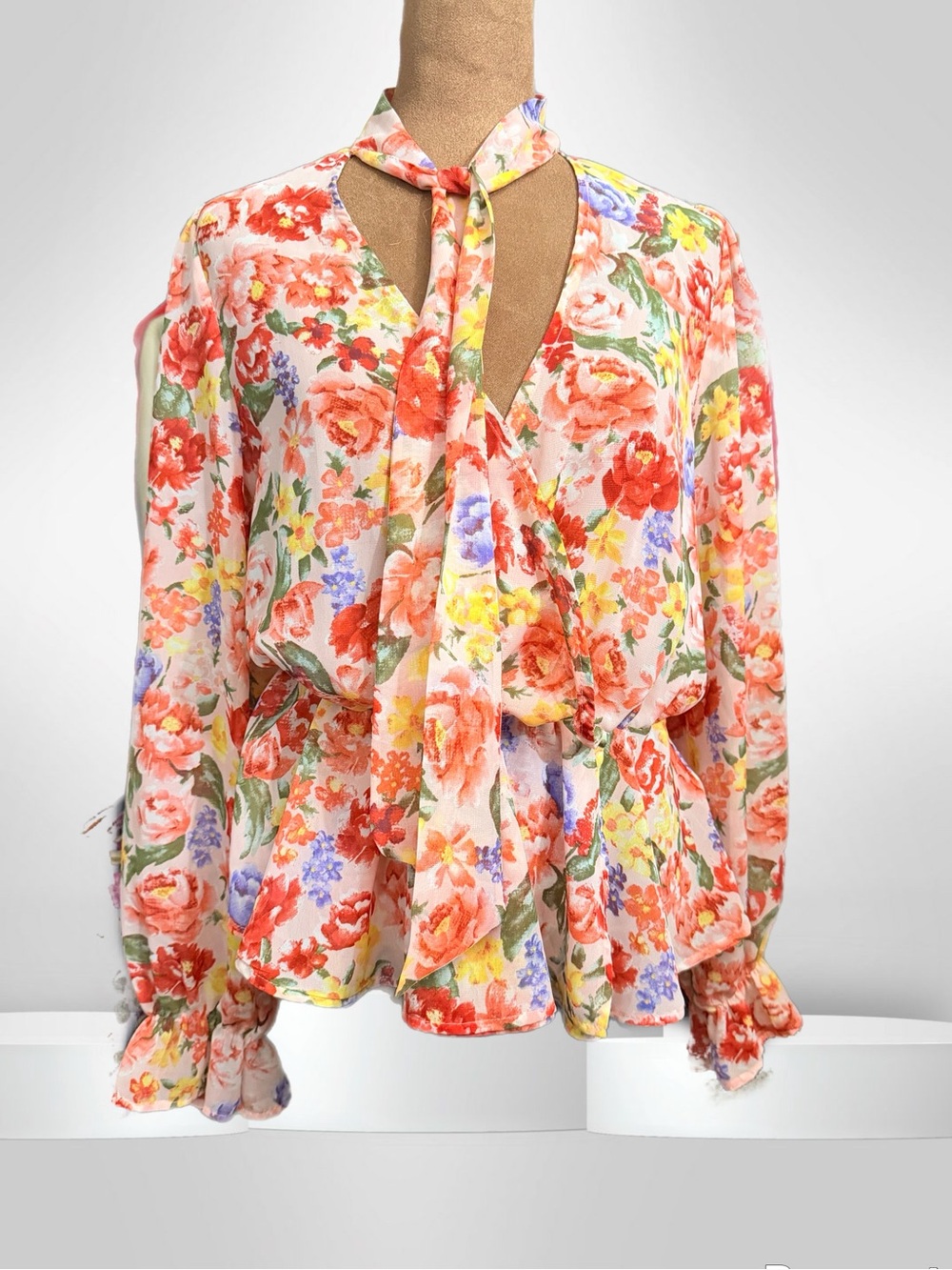 Forever 21 Floral Tie-Neck Blouse in Coral and Pastel Mix